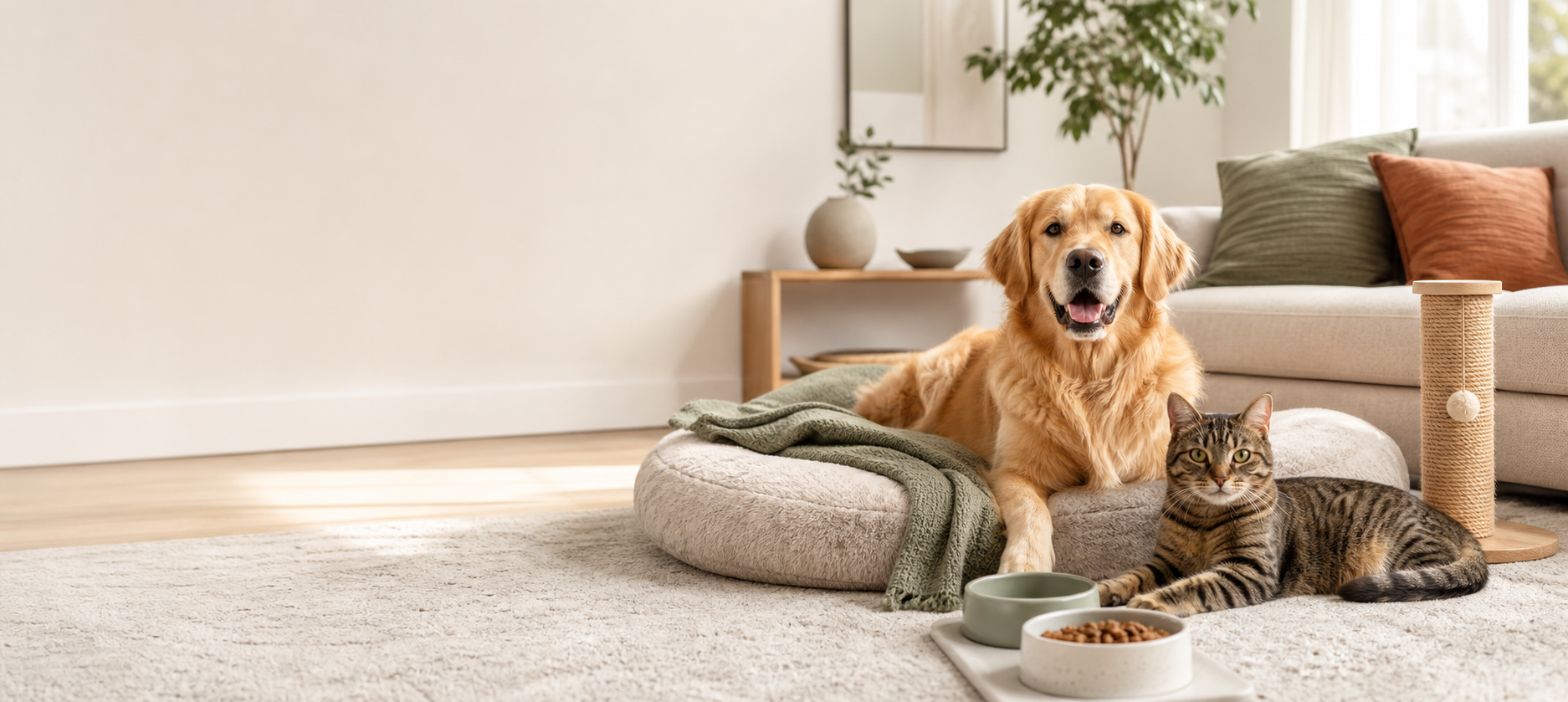 Golden retriever and tabby cat relaxing together in a warm modern living room
